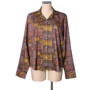 Vintage 70's FRENCH CROWN Vintage Printed Button UP Top Blouse XL - XXL